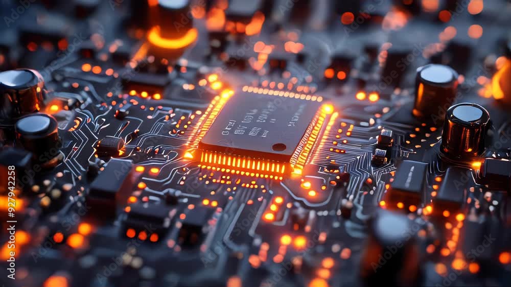 Poster futuristic computer microchips and microchips with processors and transistors