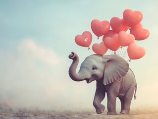 Adorable cartoon elephant holding heart shaped balloons in a captivating photography shot