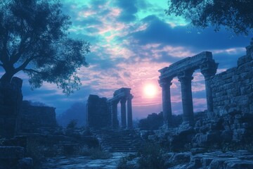 Fototapeta premium Twilight of Ancient Ruins: A Dreamy anime-style Historical Landmark Illuminated by the Enchantment of Dusk, Featured on the History Channel,Anime-Style,illustration,Picture BooksFor Poster,Novel,UI,WE