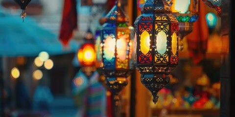 Multicolored Arabic lanterns in a vibrant tourist gift shop