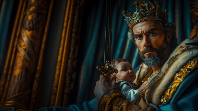Rei Salom&atilde;o; King Solomon with a sword in his hand and a child on his lap, the story of the king who would decide who should be the child's mother.