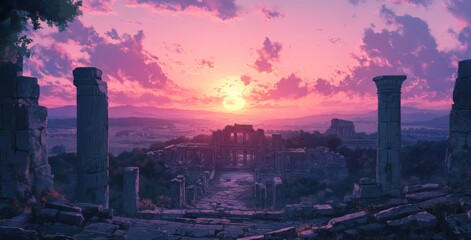 Twilight of Ancient Ruins: A Dreamy anime-style Historical Landmark Illuminated by the Enchantment of Dusk, Featured on the History Channel,Anime-Style,illustration,Picture BooksFor Poster,Novel,UI,WE