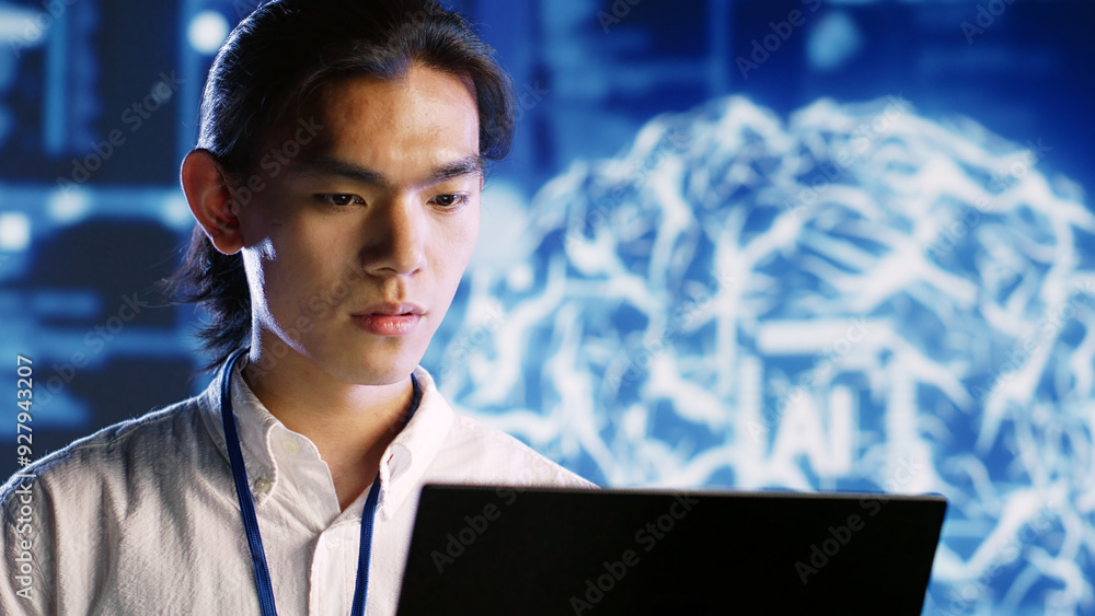 Fototapete portrait of joyful professional maintenancing artificial intelligence neural networks made up of int