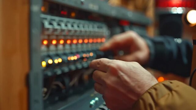 Hands adjusting control panel switches at a power station during the evening