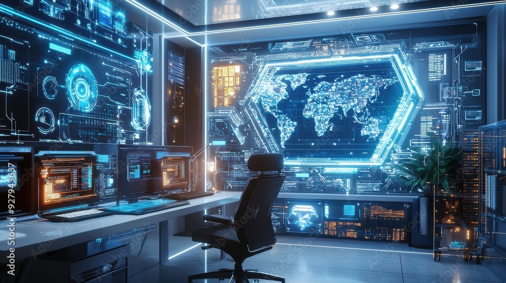Poster futuristic control room with world map display.