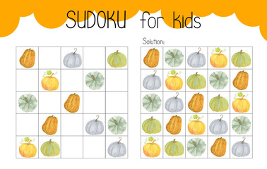 Pumpkins sudoku educational game or leisure activity worksheet illustration, printable grid to fill in missing images, autumn Thanksgiving topical vocabulary, puzzle with solution, teacher resources