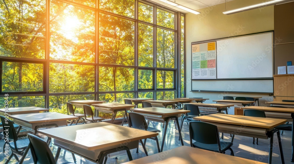 Poster empty classroom with sunlight streaming through windows.