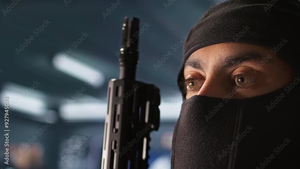 Poster terrorist hiding identity, attacking enemy command center. close up of masked insurgent inspecting r