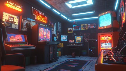 Retro Gaming Room 90s Interior. Generative AI. 8k Realistic