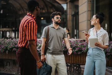 Fototapeta premium Three business professionals engaging in an outdoor meeting while discussing work and holding important materials.