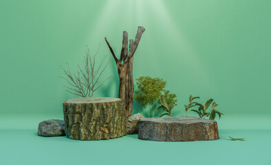 3D product podium cylinder nature and rock background indoor podium wooden texture design element modern advertising bright wooden color background template