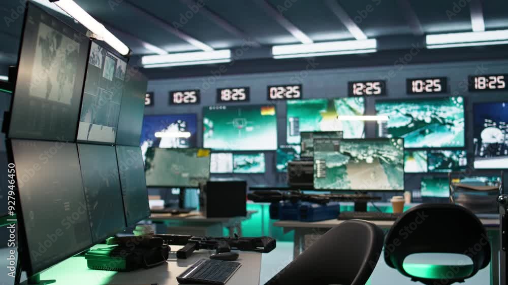 Poster advanced technology devices in army governmental establishment used for surveillance monitoring. emp