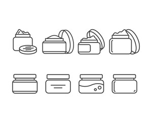 Collection vector icons of beauty, cosmetics and care. Bottle, jar, shower gel, face cream, body lotion, spray, ointment, paste.