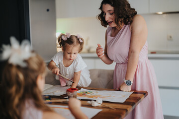Young mother engaging in a creative drawing and painting activity with her little daughters at home. A beautiful family bonding moment in a cozy environment.
