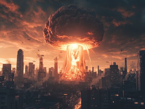 Apocalyptic city skyline after massive nuclear explosion in generative ai photography