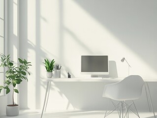 Fototapeta premium Modern minimalistic home office with houseplants and sleek design for corporate entrepreneurs