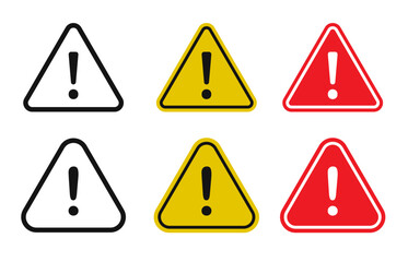 Danger warning icon set. Alert triangle warn sign in black, yellow, and red colors. Exclamation sign