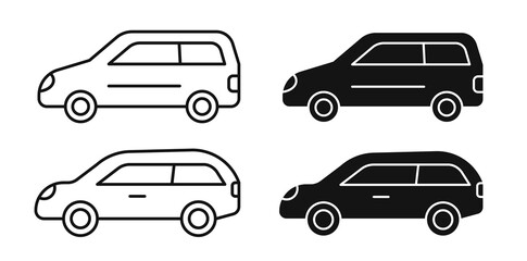 Car icon set. Automobile motor vehicle vector symbol in black filled and outlined style