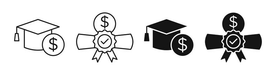 Scholarship icon set. Student education tuition grant vector symbol. College graduation financial aid or scholarship money icon set. Graduation cap with dollar symbol