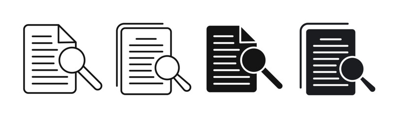 Search result line icon set. Financial statement overview and online research analysis vector symbols. Data optimization sign. Online review document verification icon. Audit and case study symbol.