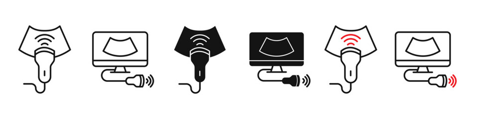 Ultrasound equipment icon set. Woman pregnancy internal ultrasonography medical device. Ultrasonic transducer symbol. Sound waves thin line pictogram for ultrasound.