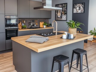 Contemporary kitchen with gray cabinets, wooden countertop, and stylish bar seating