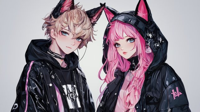 Anime Couple in Black Leather Jackets with Cat Ears.