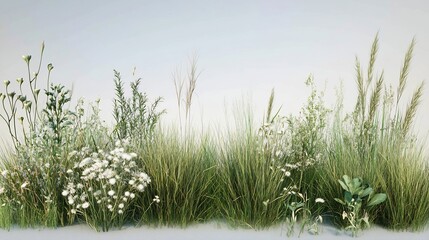 Mixed prairie grass bed featuring tall bluestem and switchgrass, ideal for natural landscaping and erosion control, isolated on white background