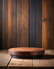 Wooden round pedestal for product display on marketplaces, against a brown wall