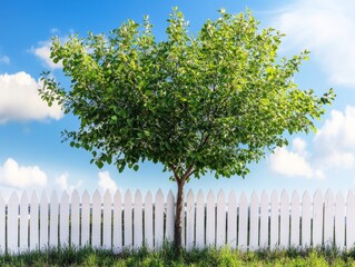 Serene summer scene  ornamental tree with lush foliage against white fence and blue sky