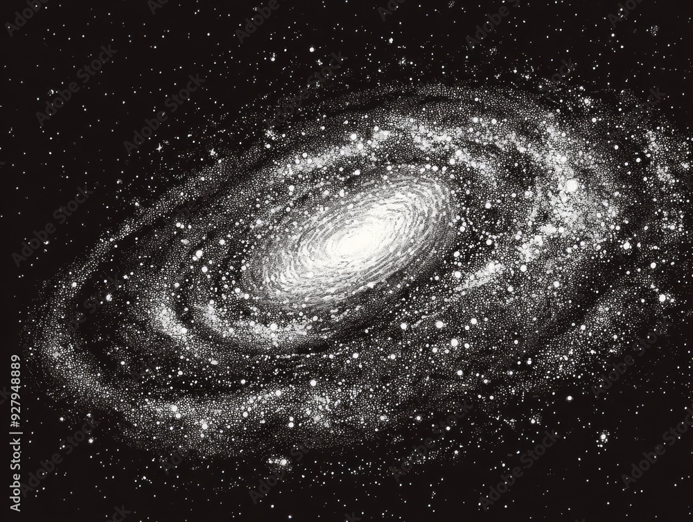 Poster stippling style deep space scene with retro dotwork galaxy and glowing stars cluster in universe