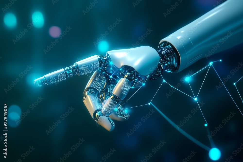 Poster futuristic ai productivity robot finger pointing at data connection hologram in wide banner poster