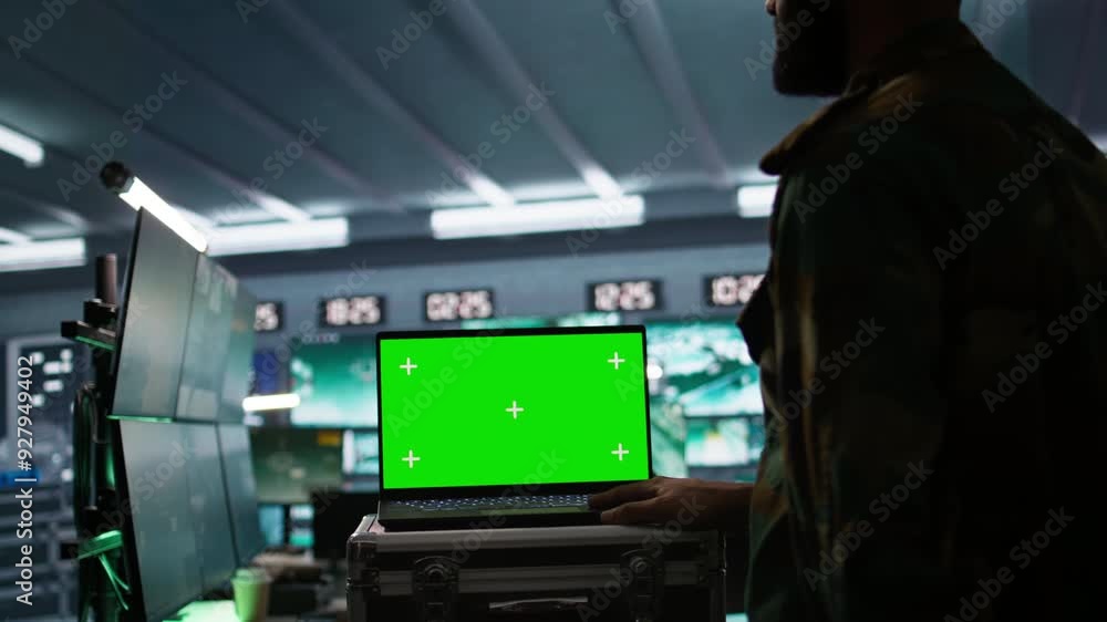 Aufkleber army specialist working in war room operating surveillance tech, evaluating target data on isolated 