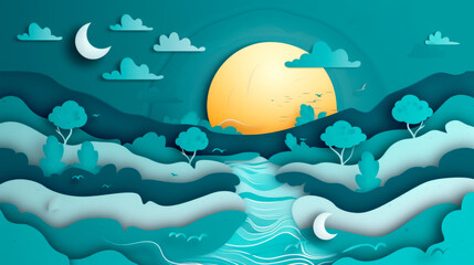 Sunset over ocean paper-cut scene with birds and clouds, ideal for travel and environmental themes, promoting peace and tranquility.