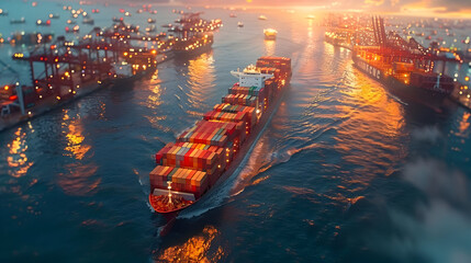 Container Ship Sailing at Sunset - Photo