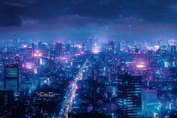 Fototapeta premium Glimmering Urban Enchantment: anime-style Illustration of a Cityscape Aglow with the Magic of Metropolis Nights, Ideal for Skyline Postcards,Anime-Style,illustration,Picture BooksFor Poster,Novel,UI,W
