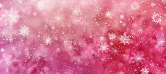 Festive pink Christmas background with bokeh lights, falling snow, and sparkling stars.