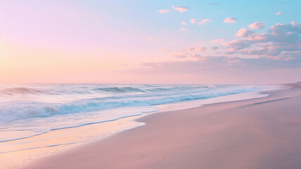 Nature sea landscape background, beautiful serene beach with waves at sunrise, soft pastel colors