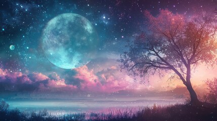 Obraz premium Magical Night Sky with Full Moon and Tree Silhouette.