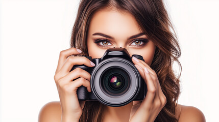 A female photographer peers through the lens of a professional camera, capturing a moment with precision and focus.