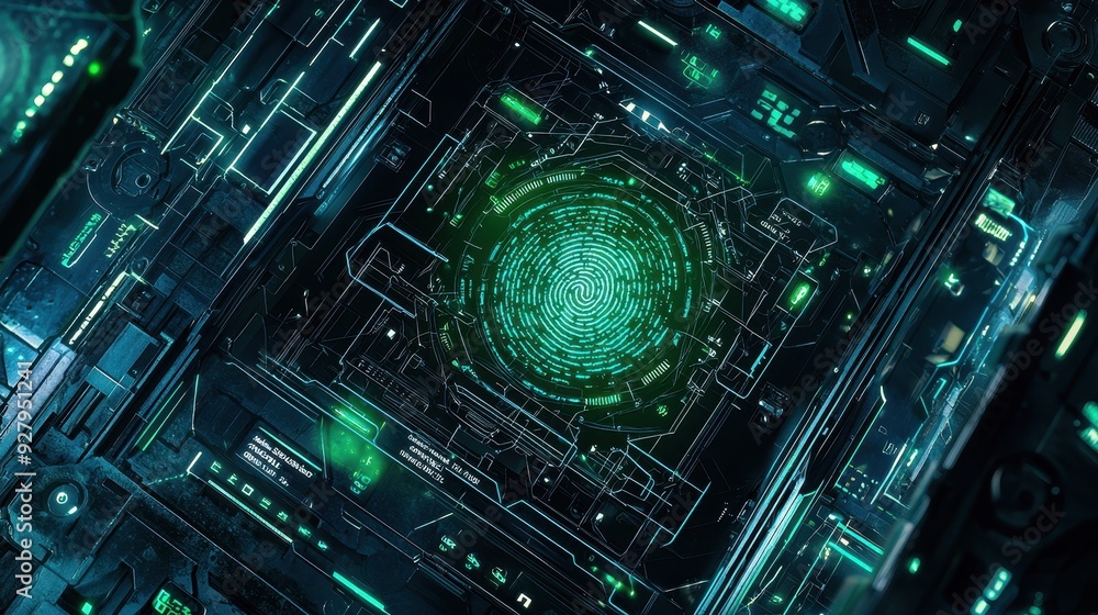 Poster futuristic interface with fingerprint scan.