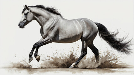 The pure white background accentuates the dynamic motion of a horse running at full tilt.