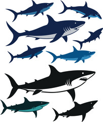 set of sharks in different poses silhouette, vector 