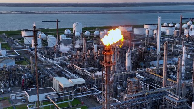 Aerial view of a chemical plant at sunset. Drone shot. Curling fire and cumin smoke filling the sky. Smoking chimneys from the factory. Chimneys of an oil refinery at sunrise pollute the environment
