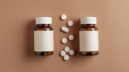 Top view of two unidentified supplement bottles with tablets on a brown surface Nutrients from functional foods for body