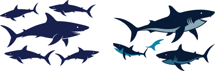 Fototapeta premium set of sharks in different poses silhouette, vector 