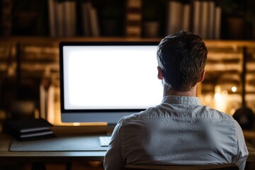 Young man using laptop with blank screen in modern home office workspace setting