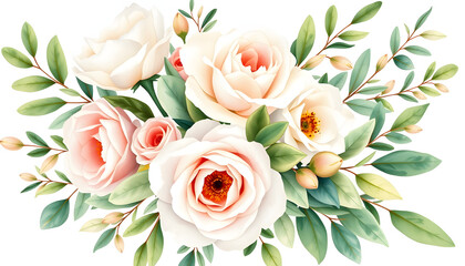 Watercolor floral illustration bouquet - white flowers, rose, peony, green and gold leaf branches collection. Wedding stationary, greetings, wallpapers, fashion, background. Eucalyptus, olive, leave