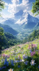 Fototapeta premium Lush forests and towering mountains adventure travel nature experience wallpaper