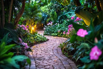Enchanted evening in a beautifully lit garden pathway with blooming flowers and vibrant greenery